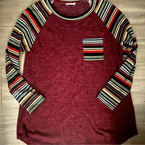 Burgundy Women's Top with Striped Sleeves